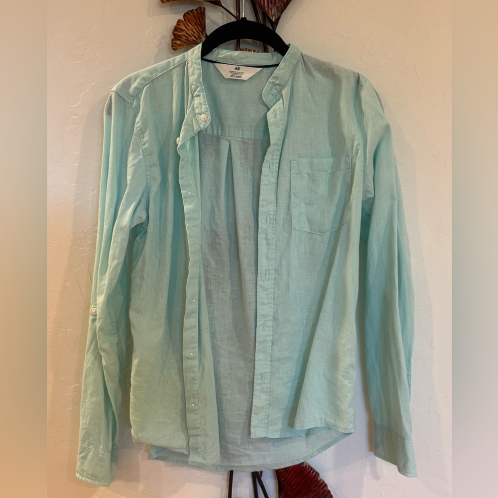 H&M Boys Cotton Linen Blend Tab Collar Long Sleeve Shirt